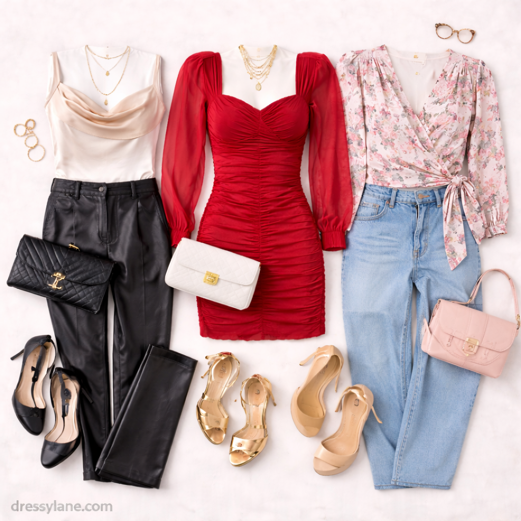 Flat lay of women’s party outfits featuring versatile dresses, stylish tops, jeans, statement accessories, and evening-ready footwear.