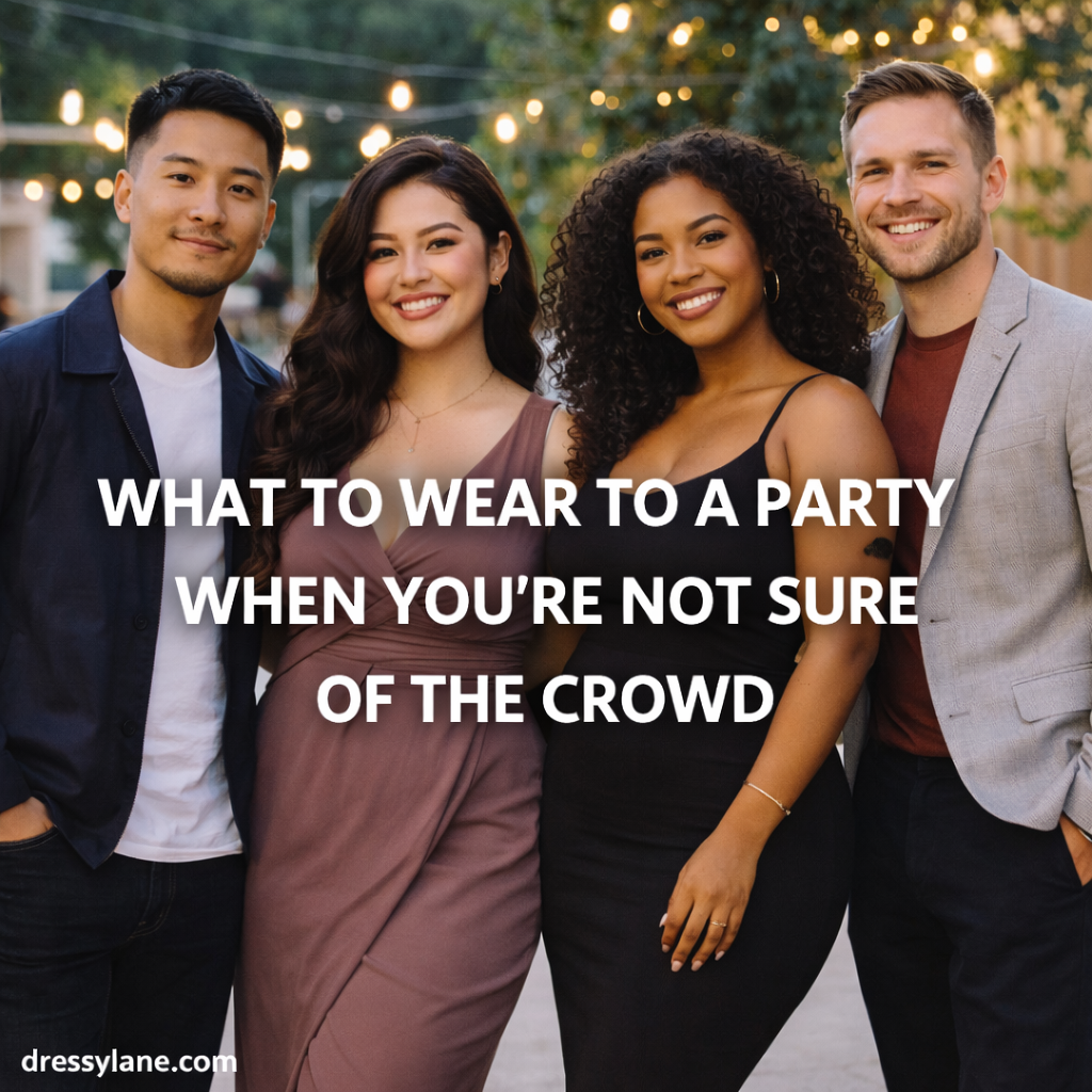 A diverse group of men and women wearing stylish, adaptable outfits suitable for a party with an unknown crowd.