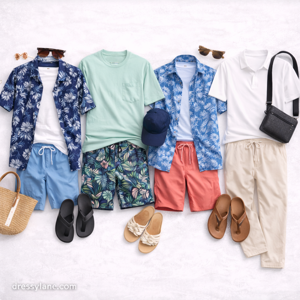 Flat lay of men’s pool party outfits featuring swim shorts, lightweight shirts, sandals, sunglasses, and summer accessories.