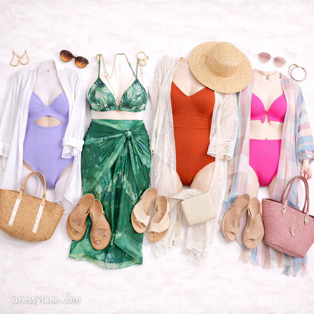 Flat lay of women’s pool party outfits featuring swimsuits, cover-ups, sandals, straw bags, and summer accessories.