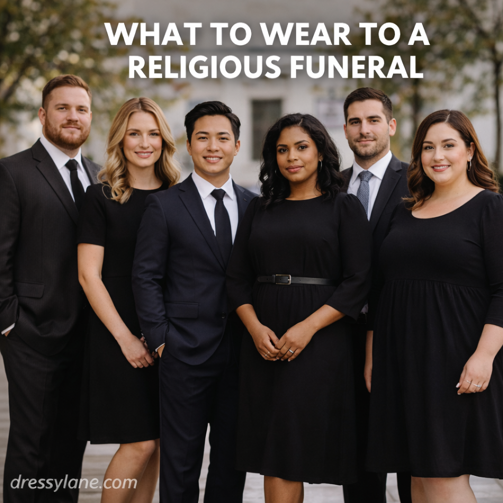 Men and women dressed in respectful religious funeral attire, including dark suits and modest dresses, standing outdoors before a memorial service.