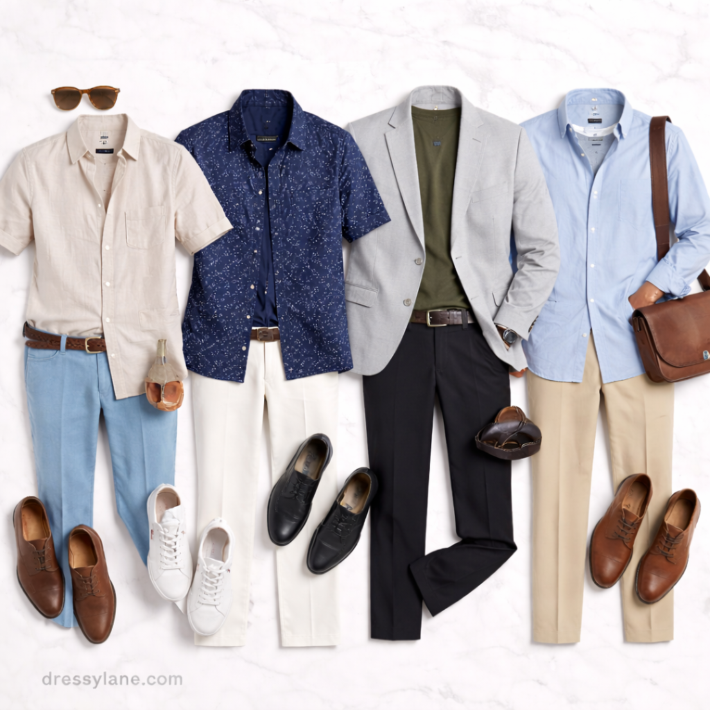 Flat lay of men’s rooftop party outfits featuring smart casual and dressy pieces arranged for warm-weather social events.
