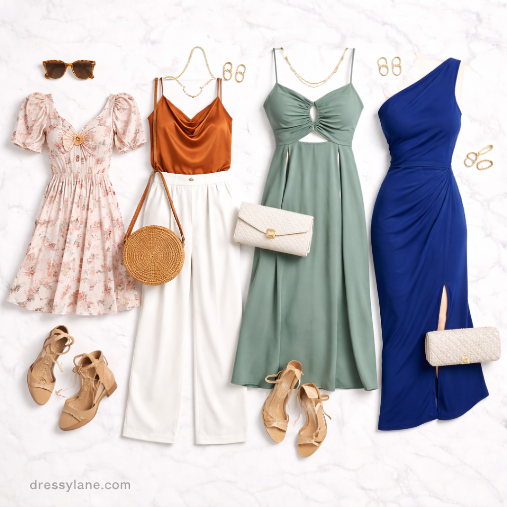 Flat lay of women’s rooftop party outfits featuring dresses and stylish accessories arranged for a chic evening look.