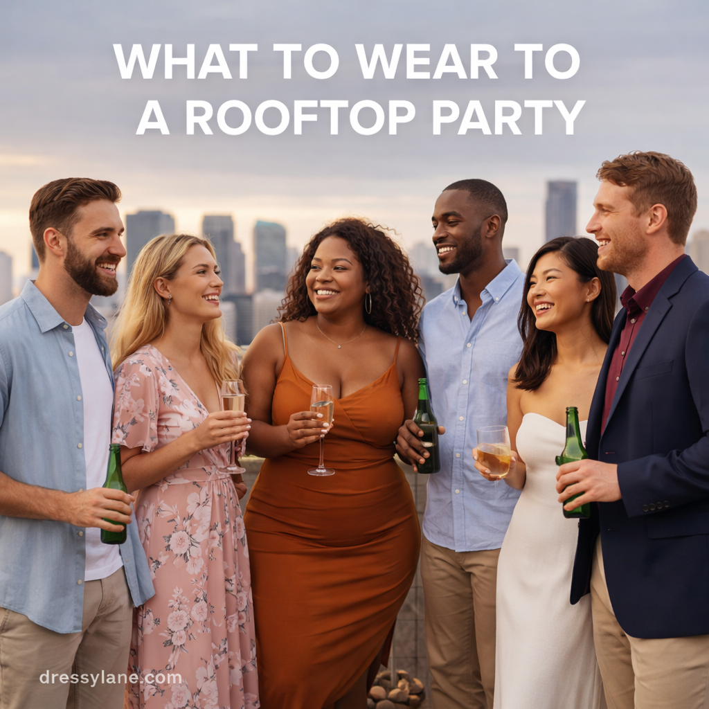 Diverse group of men and women socializing at a rooftop party wearing stylish evening outfits with city skyline in the background.