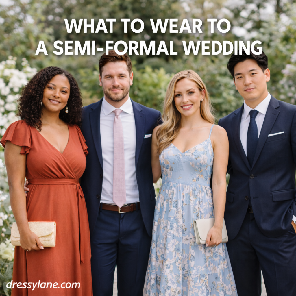 Men and women wearing stylish semi-formal wedding outfits, including elegant dresses and tailored suits, at an outdoor wedding venue.