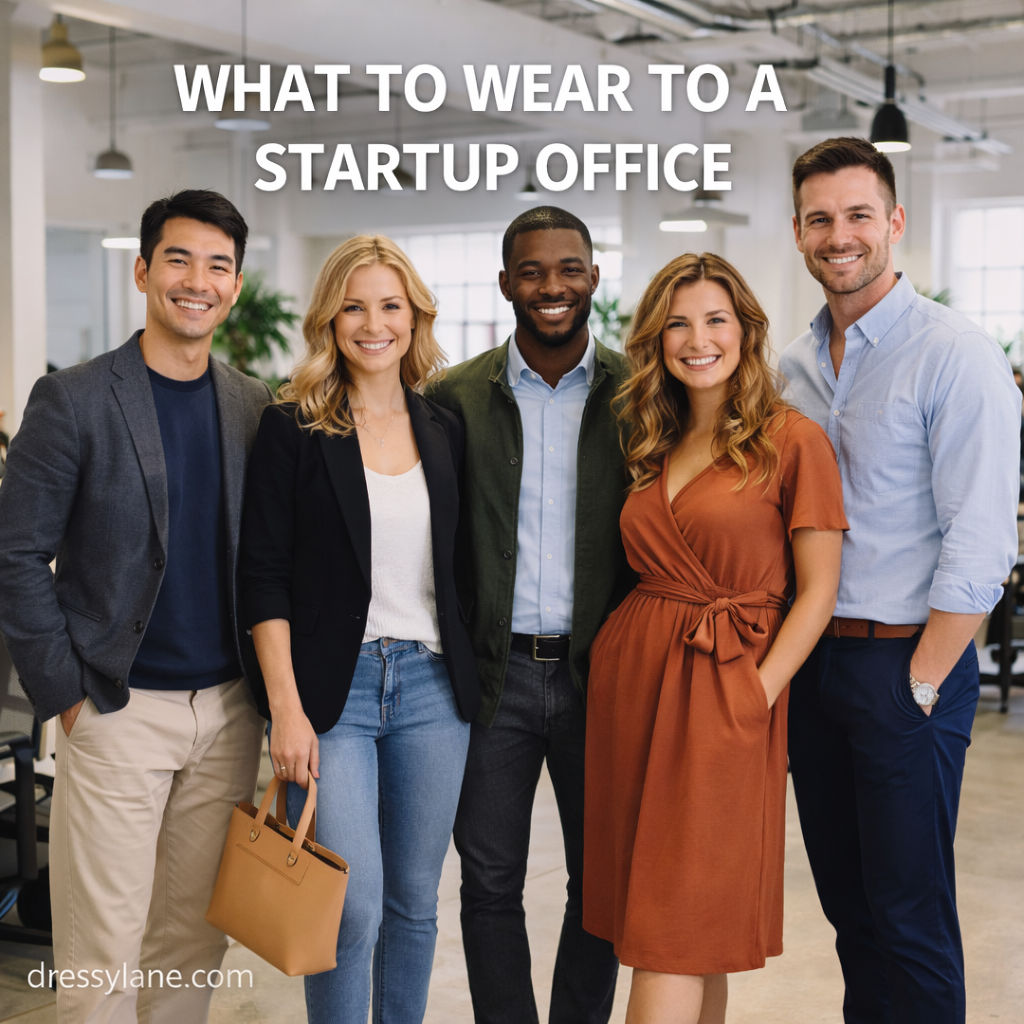 A diverse group of men and women wearing polished yet casual outfits appropriate for a modern startup office environment.