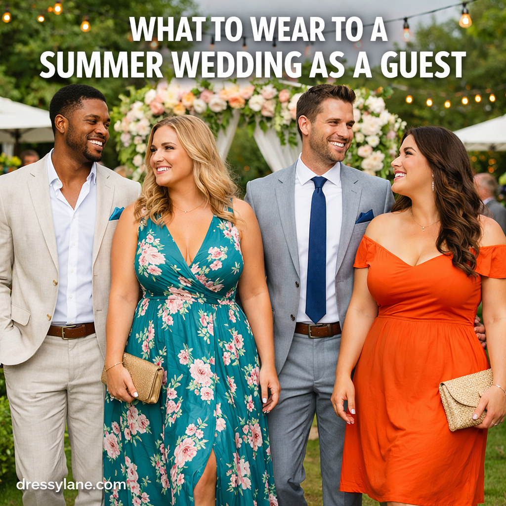 Stylish male and female wedding guests wearing elegant summer outfits at an outdoor wedding ceremony.