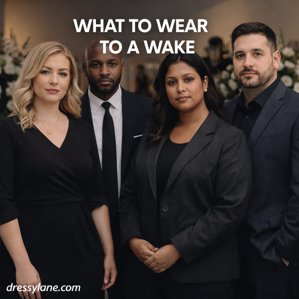 Men and women dressed in respectful, subdued attire suitable for attending a wake or memorial gathering.