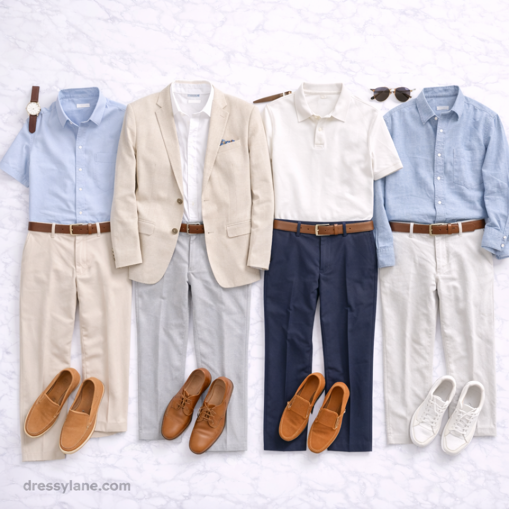 Flat lay of men’s wedding brunch outfits featuring lightweight shirts, blazers, full-length trousers, and dress shoes.