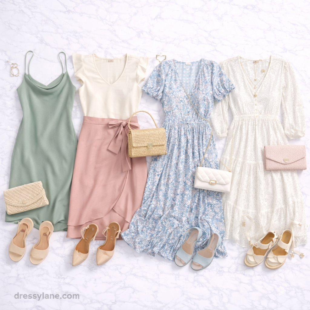 Flat lay of women’s wedding brunch outfits featuring pastel dresses, elegant accessories, and daytime-appropriate footwear.
