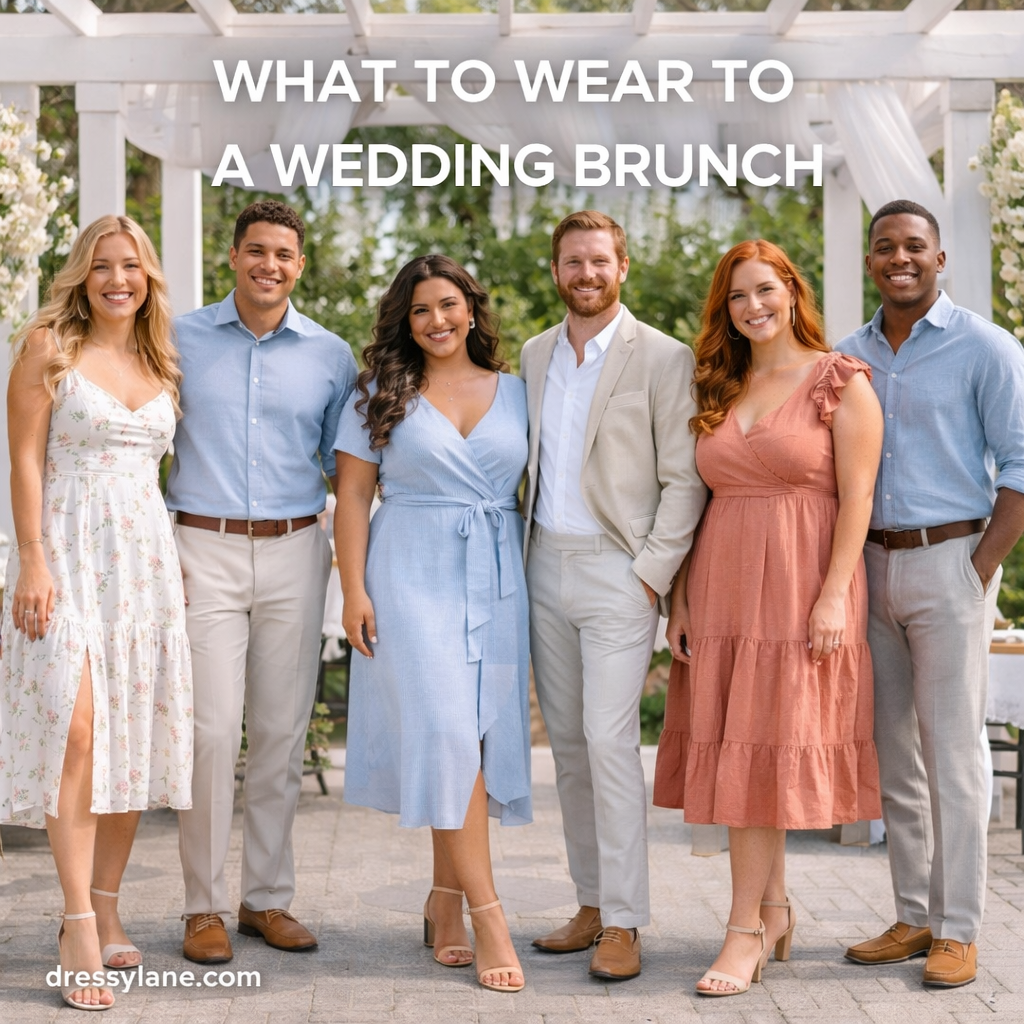 Diverse group of men and women wearing stylish daytime outfits at an outdoor wedding brunch setting.