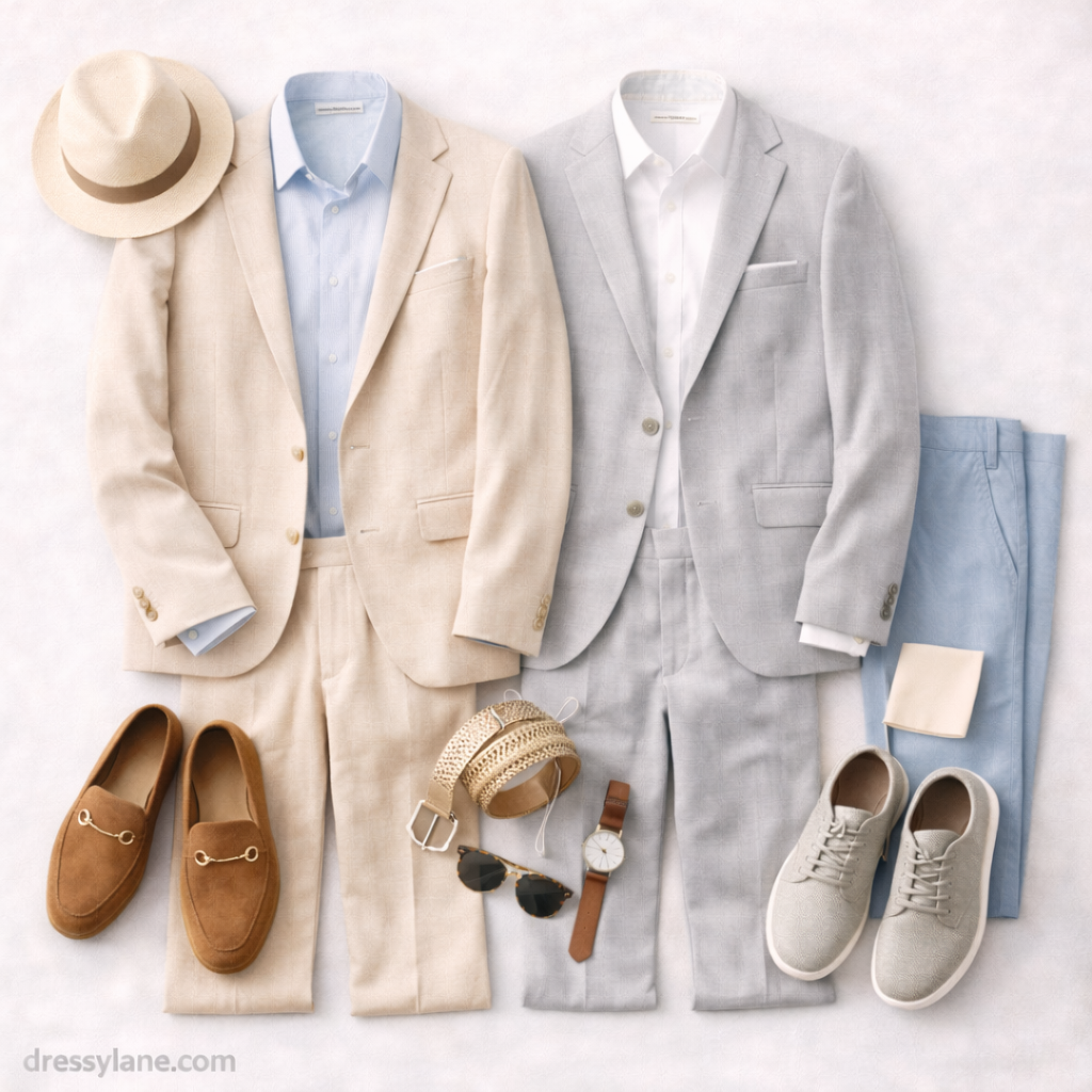 Flat lay of men’s wedding guest outfits designed for extreme heat, featuring lightweight suits, breathable shirts, and warm-weather footwear.