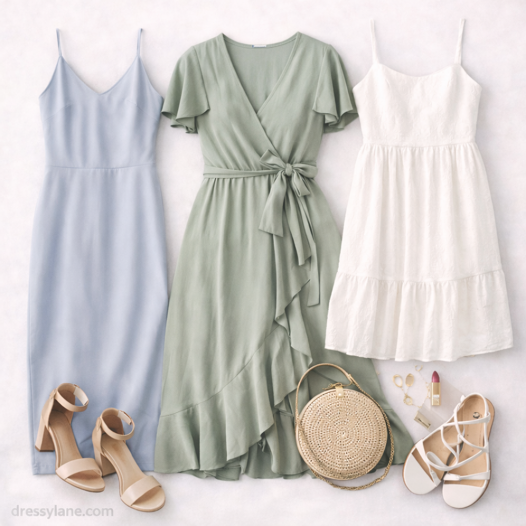 Flat lay of women’s dresses and accessories styled for a wedding in extreme heat, featuring lightweight fabrics, breathable silhouettes, and elegant footwear.