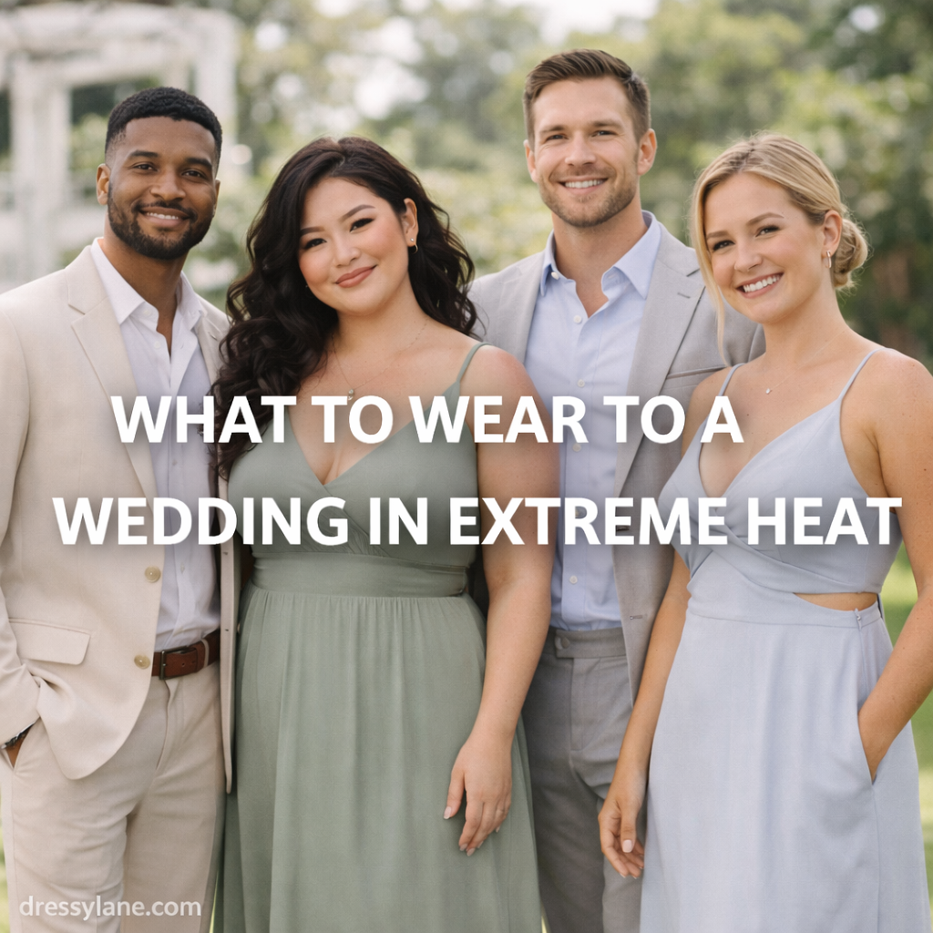 A diverse group of men and women wearing breathable, elegant outfits suitable for attending a wedding in extreme heat.