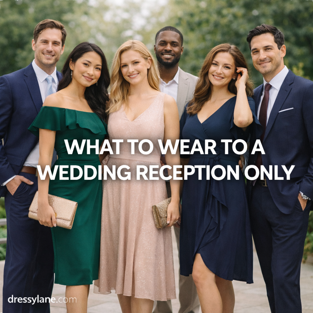 Men and women wearing stylish semi-formal outfits at a wedding reception, showing what to wear to a wedding reception only.