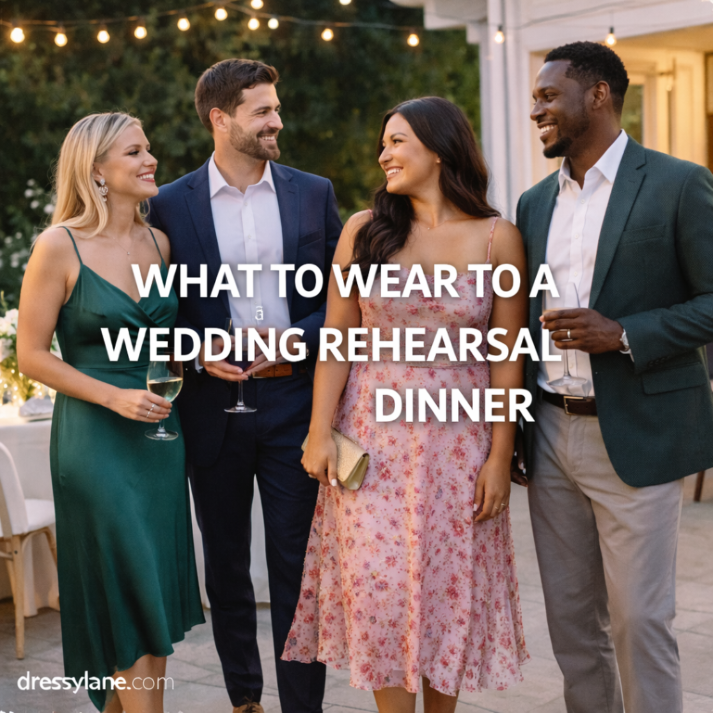 Men and women wearing polished rehearsal dinner outfits at an outdoor wedding event.