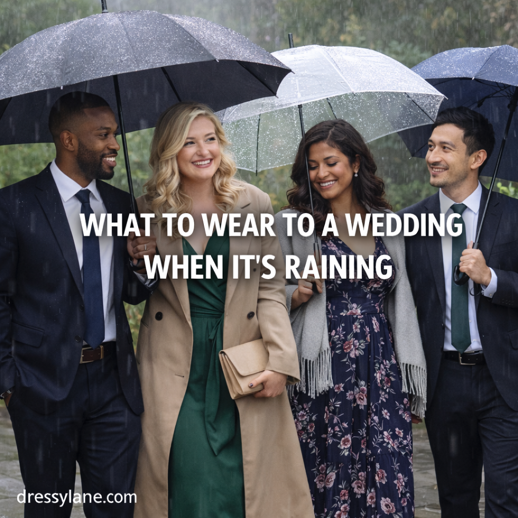Wedding guests dressed in elegant rain-appropriate outfits holding umbrellas at an outdoor wedding.