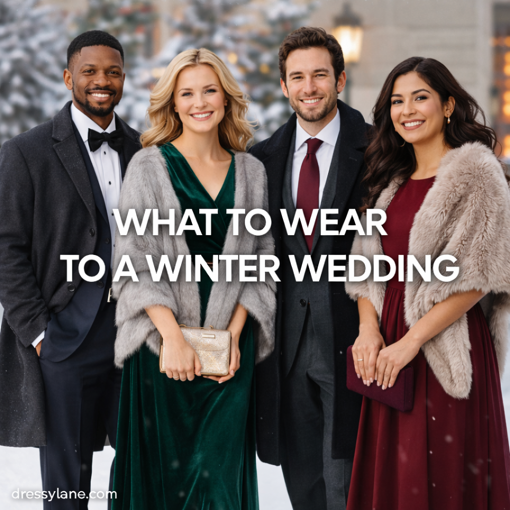 Men and women dressed in elegant winter wedding guest attire with rich colors and seasonal layers.