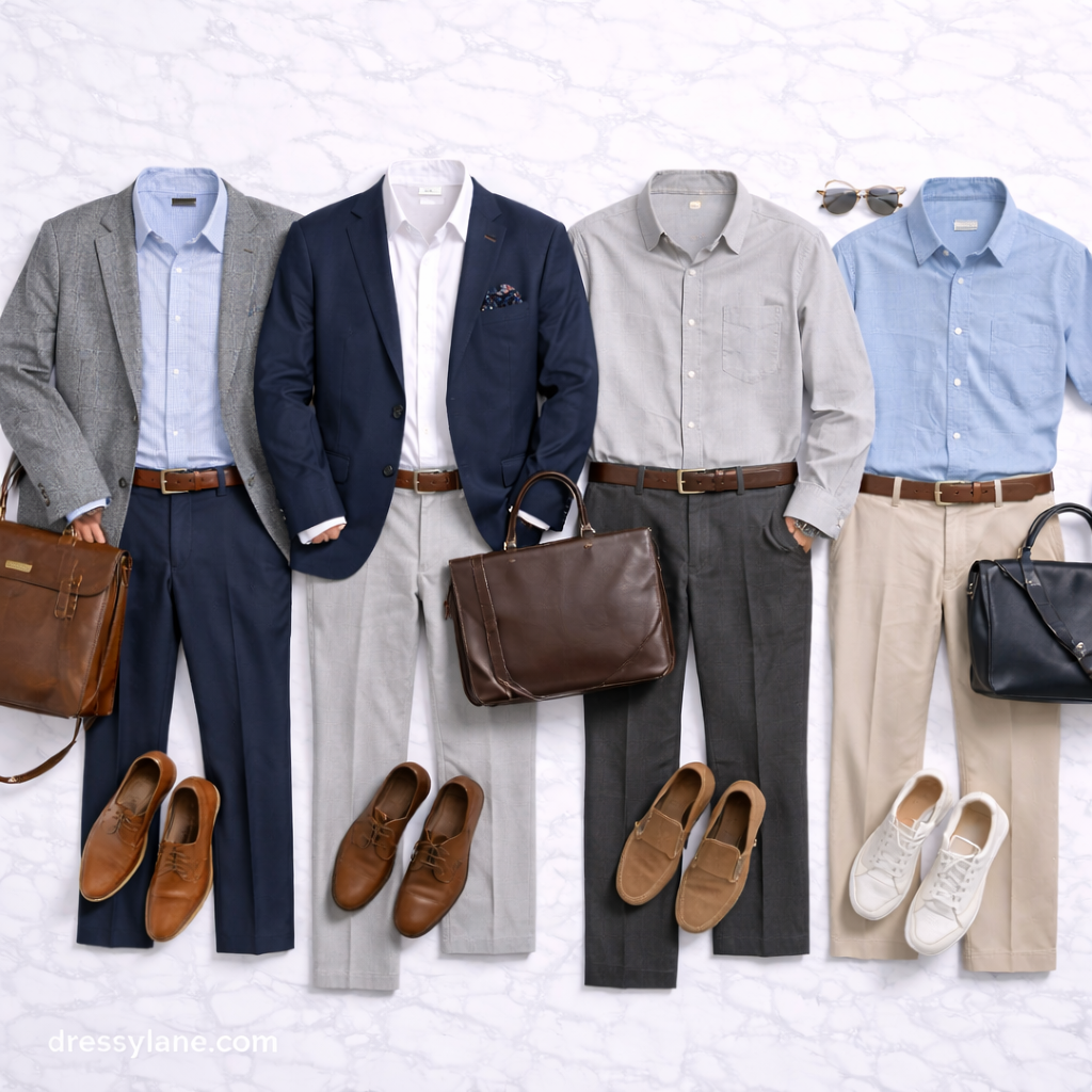 Flat lay of men’s work conference outfits featuring blazers, button-down shirts, full-length trousers, and professional shoes.
