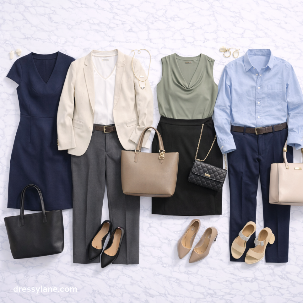 Flat lay of women’s work conference outfits featuring professional dresses, blouses, tailored pants, and polished accessories.