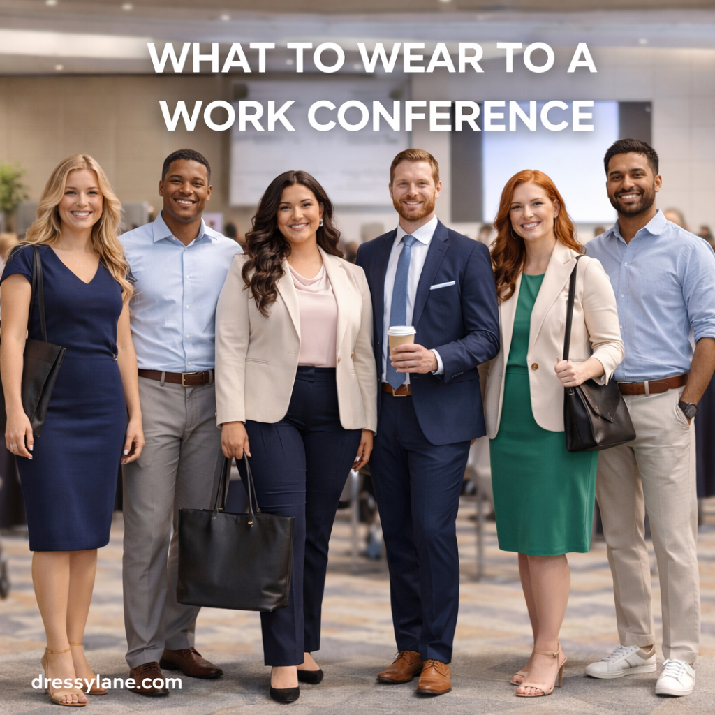 Diverse group of men and women wearing professional conference outfits in a modern business setting.