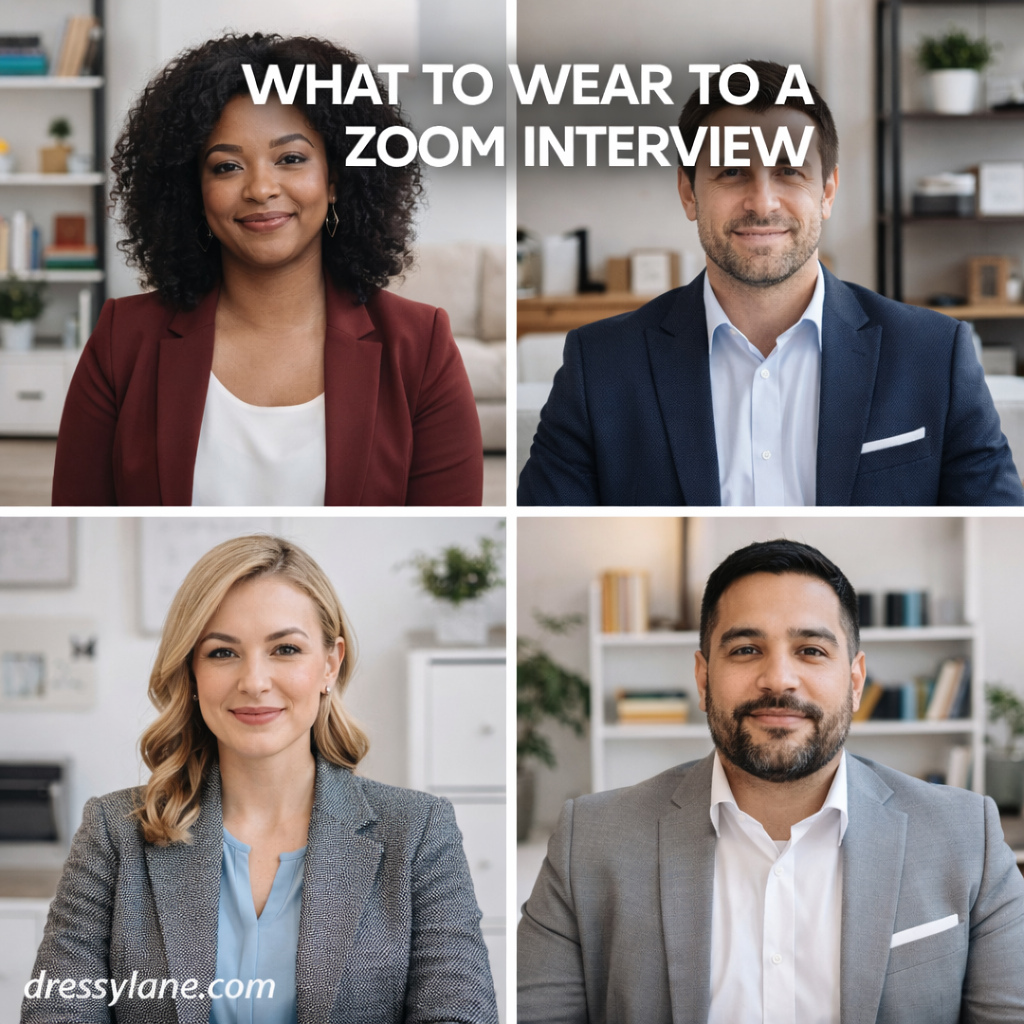 Men and women dressed in professional, camera-ready outfits during a Zoom interview in home office settings.