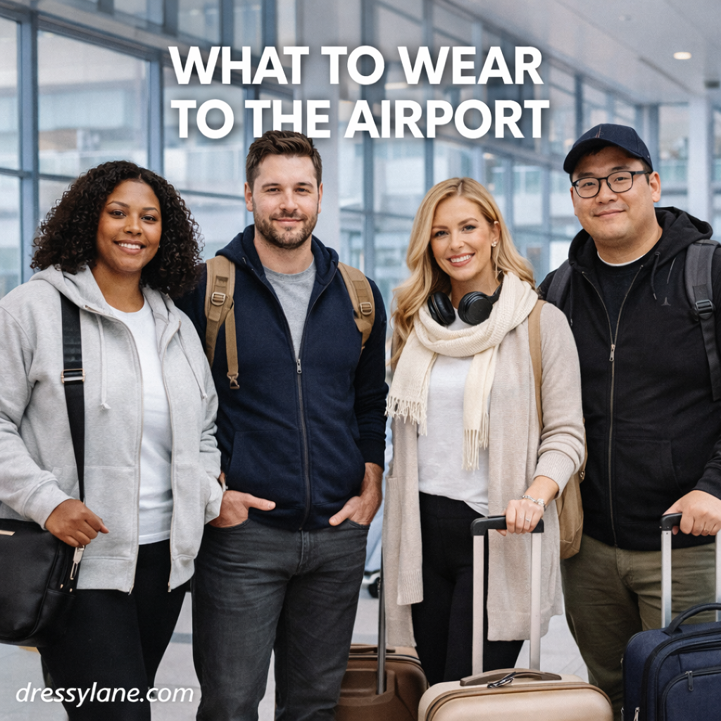 Men and women wearing comfortable travel outfits while standing in an airport terminal with luggage.