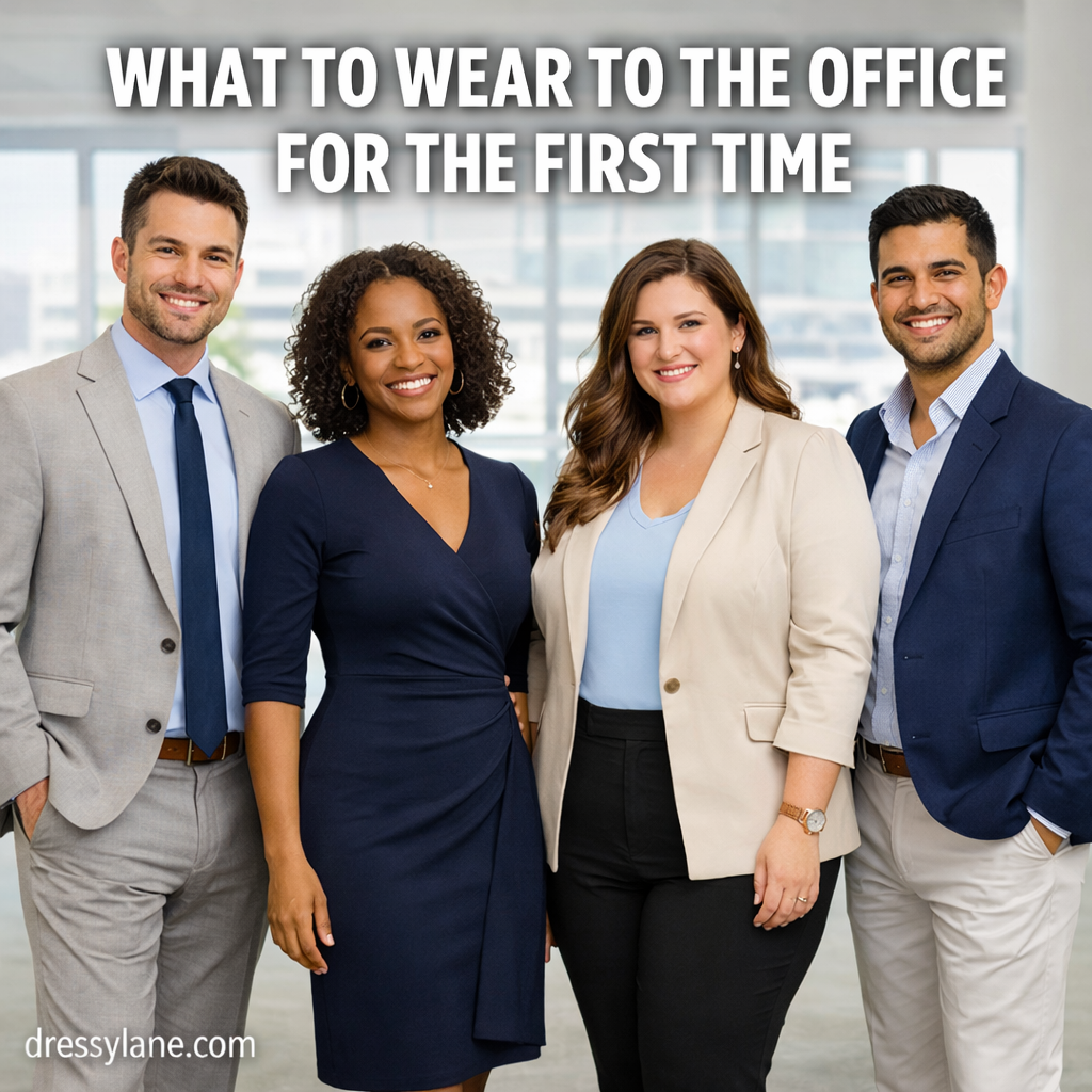 A diverse group of men and women wearing professional office outfits suitable for a first day at work.