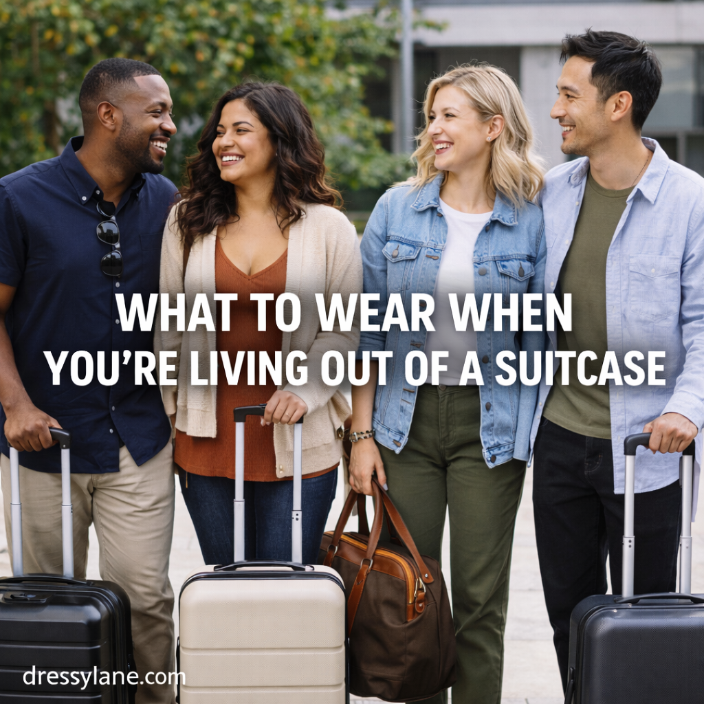 Diverse group of travelers wearing practical travel outfits while standing with luggage outdoors.