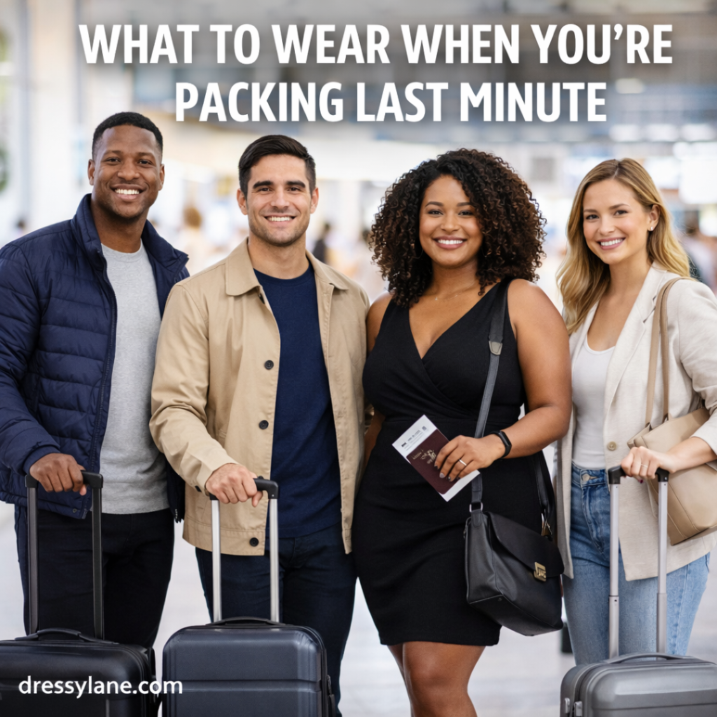 Group of diverse travelers holding luggage at an airport, featuring a curvy mixed white and Black woman, showing practical outfits for last-minute travel packing.