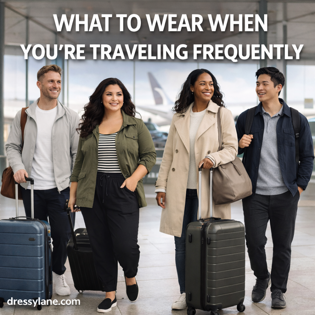 Diverse group of travelers walking through an airport with luggage, featuring a confident curvy woman in comfortable travel attire, showcasing frequent travel outfits.