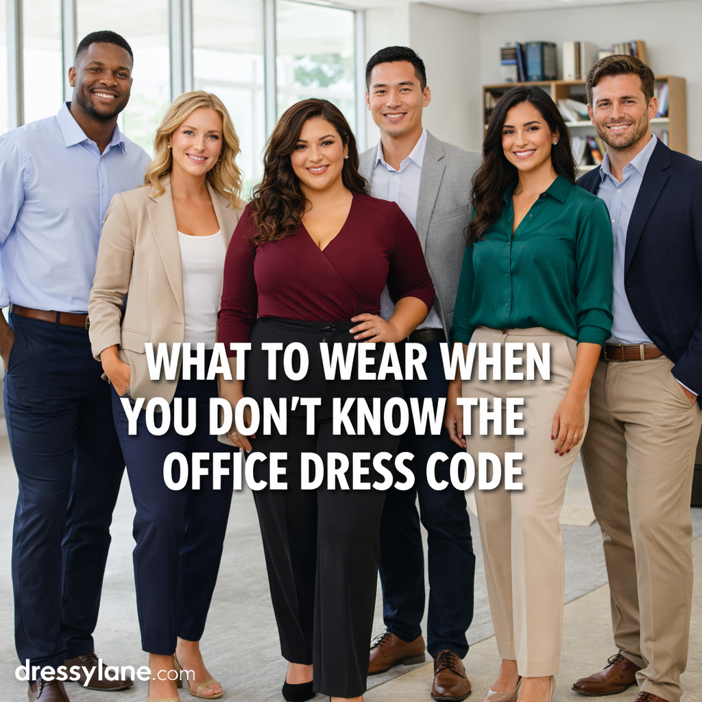 Diverse group of professionals in business casual office outfits, featuring men and women with varied body types including a curvy woman, standing in a helps visualize office dress code uncertainty.