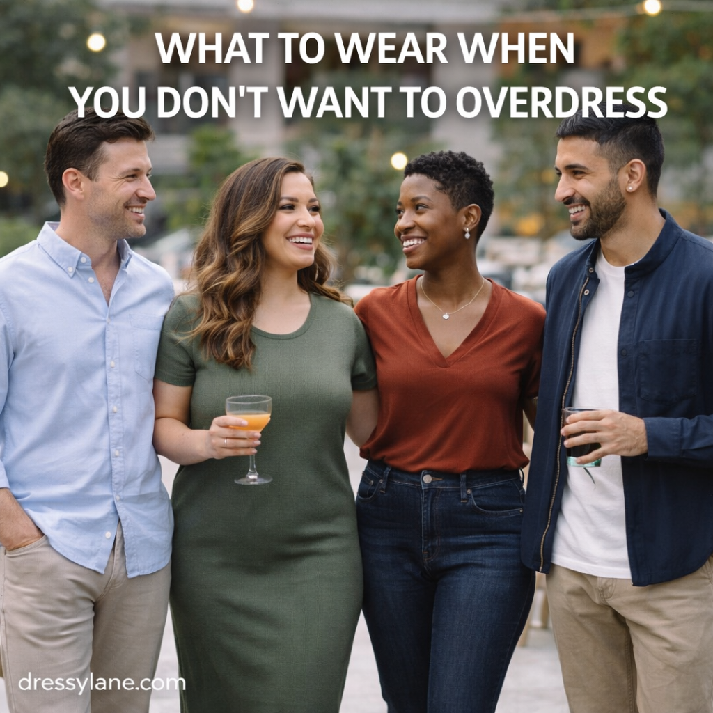 Group of men and women wearing relaxed, stylish outfits at a casual social gathering.