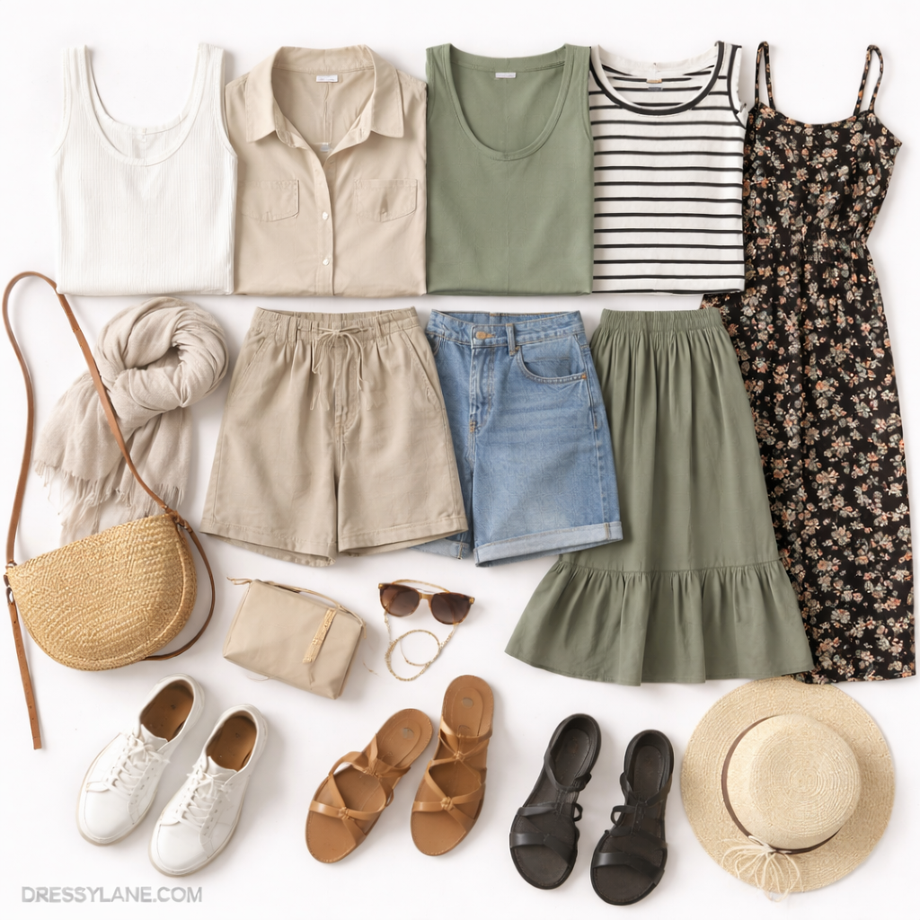 Flat lay of women’s lightweight travel outfits featuring versatile tops, shorts, skirts, dresses, comfortable shoes, and coordinating accessories.