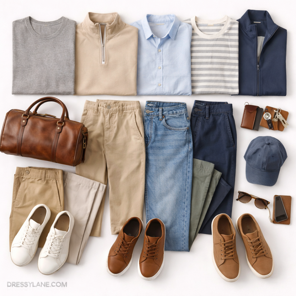 Flat lay of men’s lightweight travel outfits featuring versatile tops, full-length pants, casual shoes, and essential travel accessories.