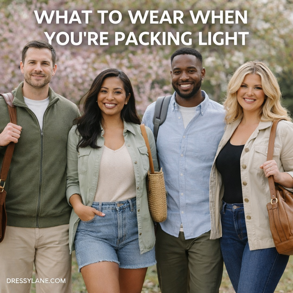 Diverse group of travelers wearing casual, versatile outfits suitable for packing light and comfortable travel.