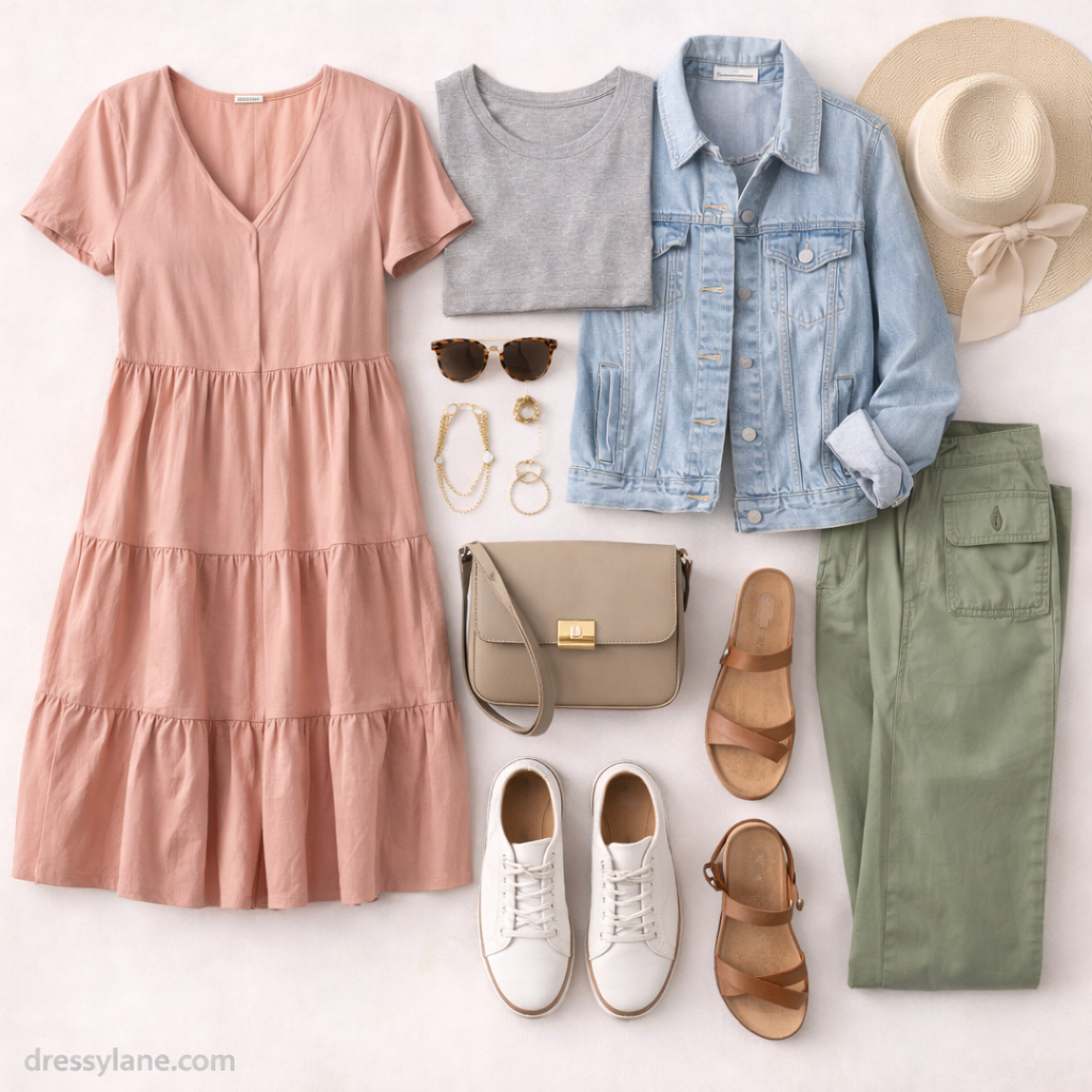 Flat lay of women’s clothing and accessories styled for all-day sightseeing, featuring comfortable tops, versatile layers, supportive footwear, and travel-friendly essentials.