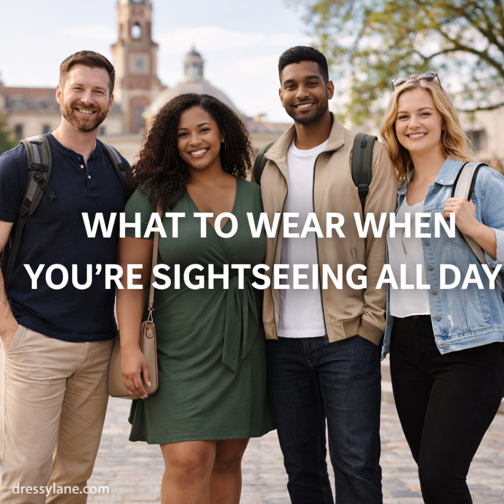 A diverse group of men and women dressed comfortably and stylishly for a full day of sightseeing in a travel destination.