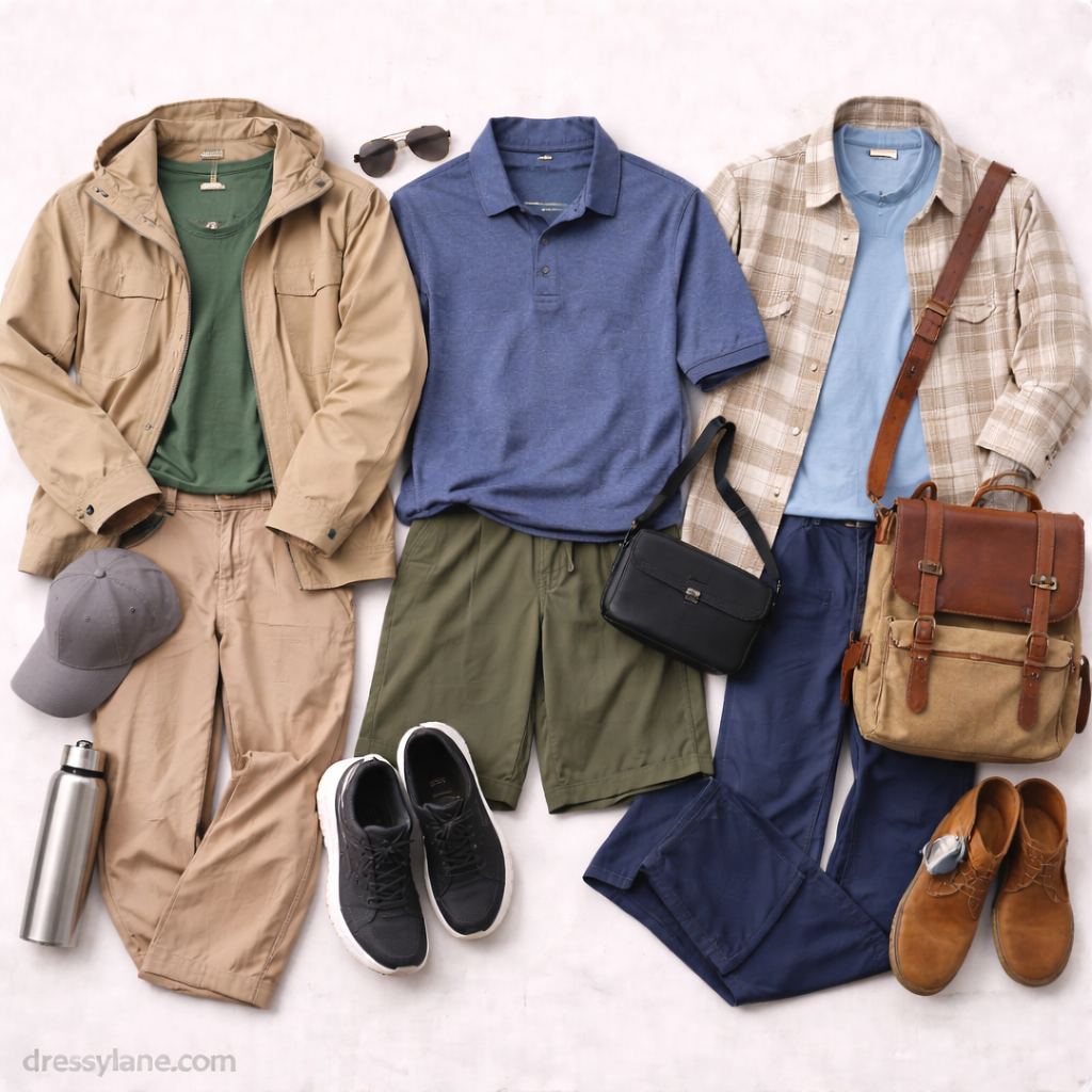 Flat lay of men’s outfits styled for walking miles daily, featuring breathable tops, full-length pants, supportive footwear, and travel-friendly accessories.