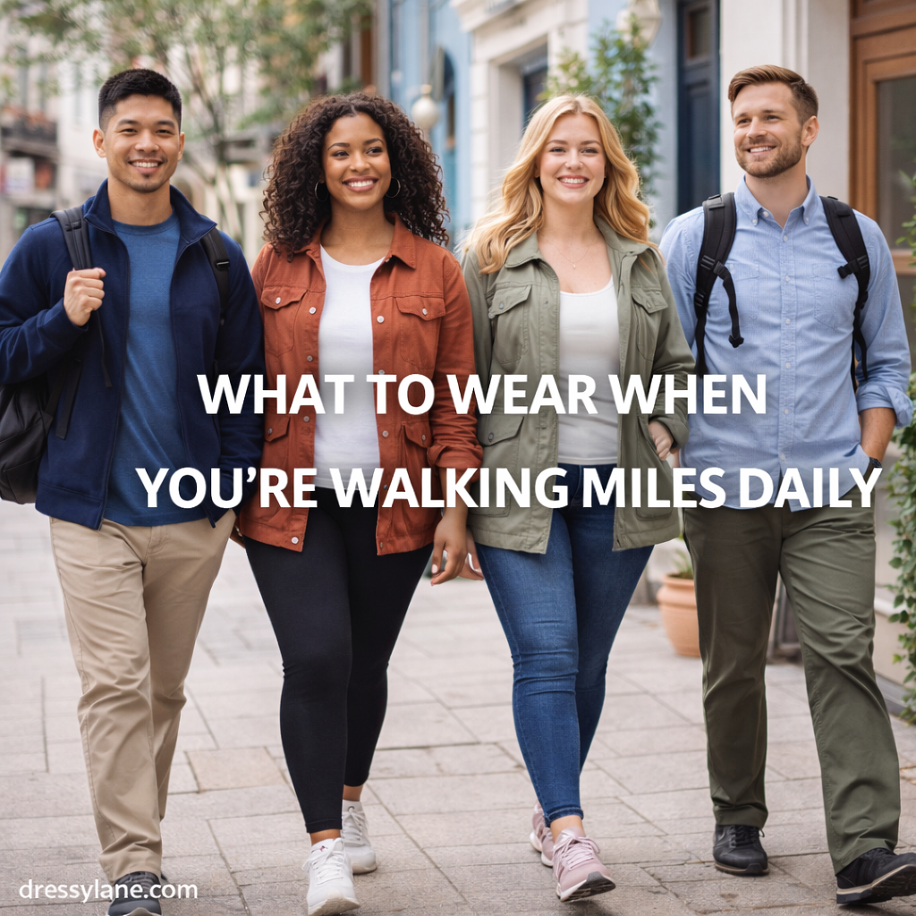 A diverse group of men and women wearing comfortable, supportive outfits designed for walking miles daily while traveling or exploring.