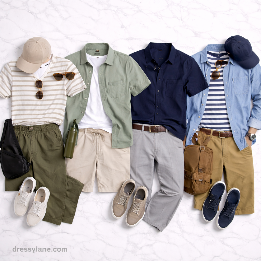 Flat lay of men’s sightseeing outfits featuring lightweight shirts, full-length pants, and comfortable walking shoes for travel days.