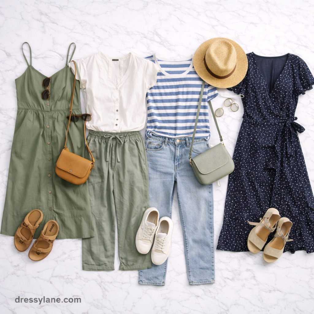 Flat lay of women’s sightseeing outfits featuring comfortable dresses, casual separates, and walkable footwear for travel days.