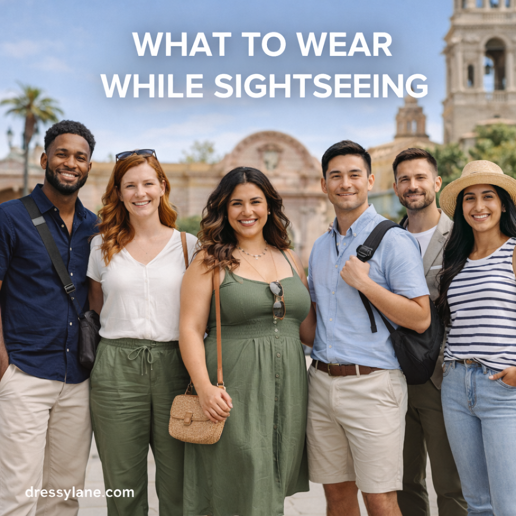 Diverse group of men and women wearing comfortable sightseeing outfits at a travel destination, featuring relaxed, walkable styles.