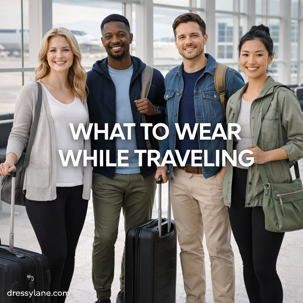 Men and women wearing comfortable, stylish travel outfits while standing in an airport terminal with luggage.