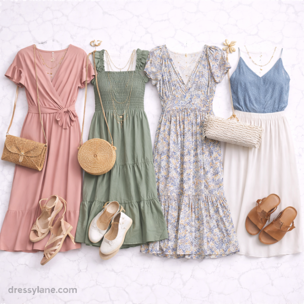 Flat lay of women’s casual wedding outfits including flowy dresses, soft pastel colors, sandals, and light accessories arranged on a neutral background.