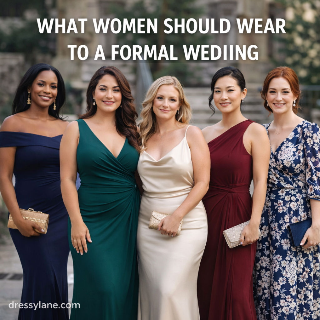 Group of women wearing elegant formal wedding guest dresses in classic colors, standing outdoors at a formal venue.