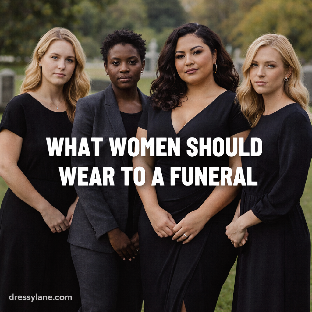 Women dressed in respectful dark attire standing together at a cemetery, illustrating appropriate funeral clothing for women.