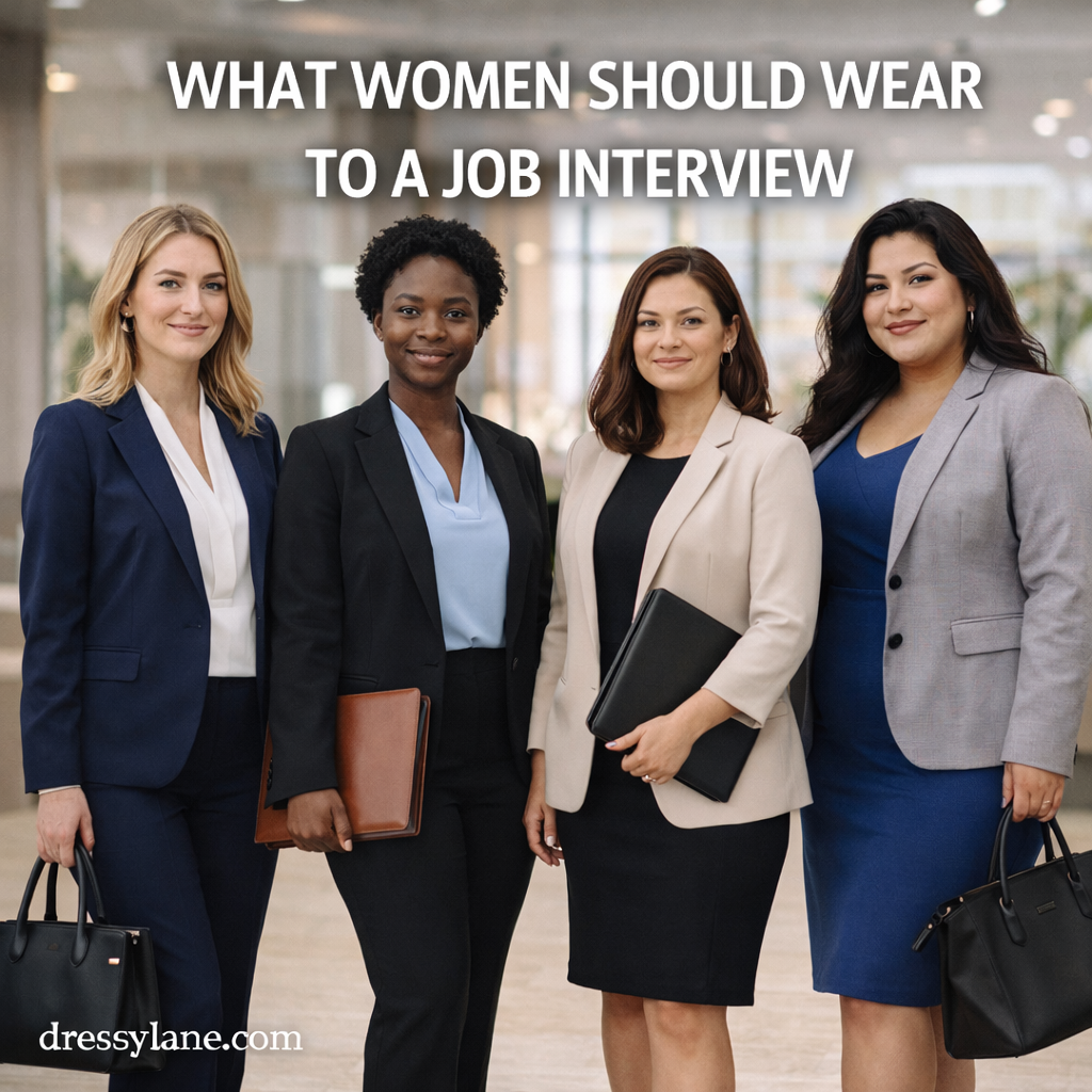 A diverse group of women wearing professional job interview outfits in a modern office setting.