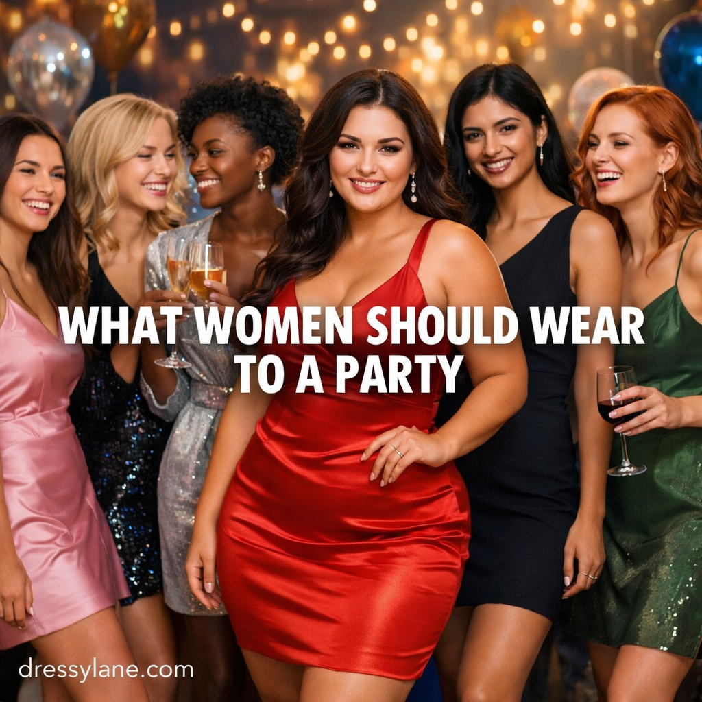 Group of diverse women wearing stylish party outfits, featuring a confident curvy woman in a red dress at a festive event.