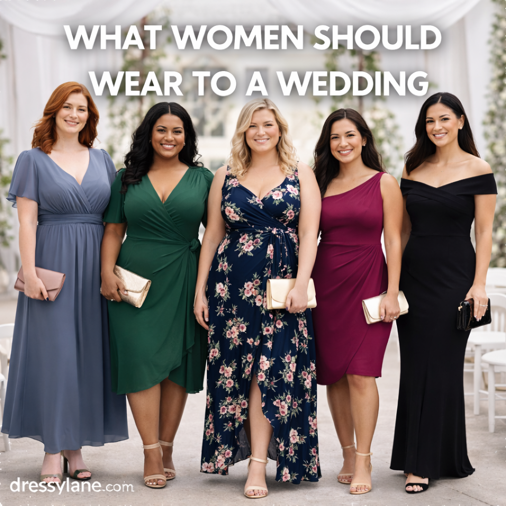 Group of women wearing elegant wedding guest dresses in various styles and colors, suitable for different wedding dress codes.